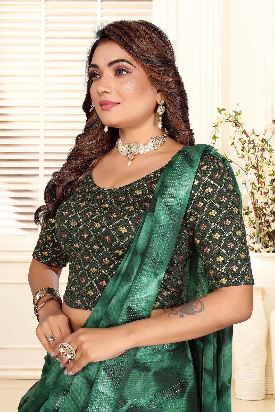 Guddiya Collection - Green Golden Woven Blouse